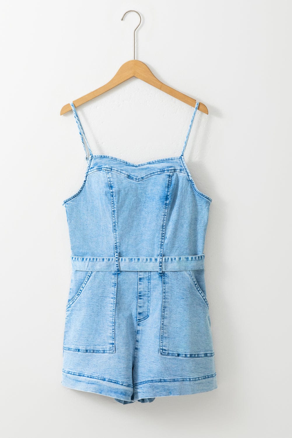 Belle Blue Denim Romper with Spaghetti Straps and Belt