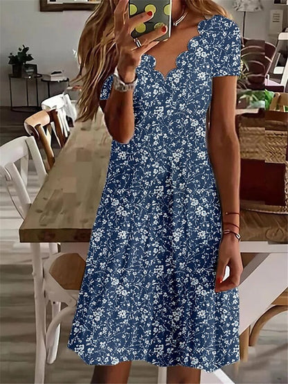 Women's Dress - Casual Dress Shift Dress Midi Dress White Navy Blue Blue Short Sleeve Floral Print Spring Summer V Neck Vacation 2023 S M L XL XXL 3XL