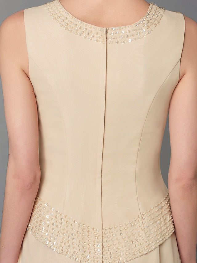 Jumpsuit / Pantsuit 3 Piece Mother of the Bride Dress Formal Plus Size Elegant Wrap Included Bateau Neck Floor Length Chiffon Sleeveless with Beading Appliques 2023 - LuckyFash™