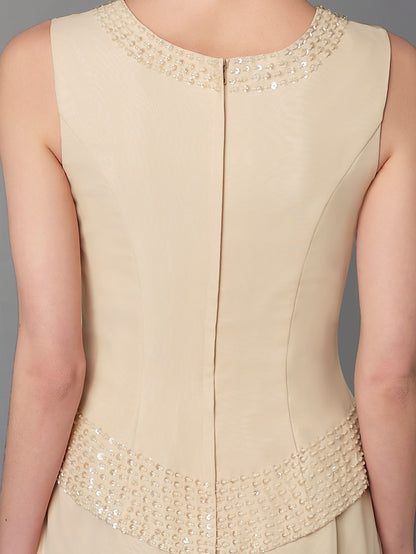 Jumpsuit / Pantsuit 3 Piece Mother of the Bride Dress Formal Plus Size Elegant Wrap Included Bateau Neck Floor Length Chiffon Sleeveless with Beading Appliques 2023 - LuckyFash™