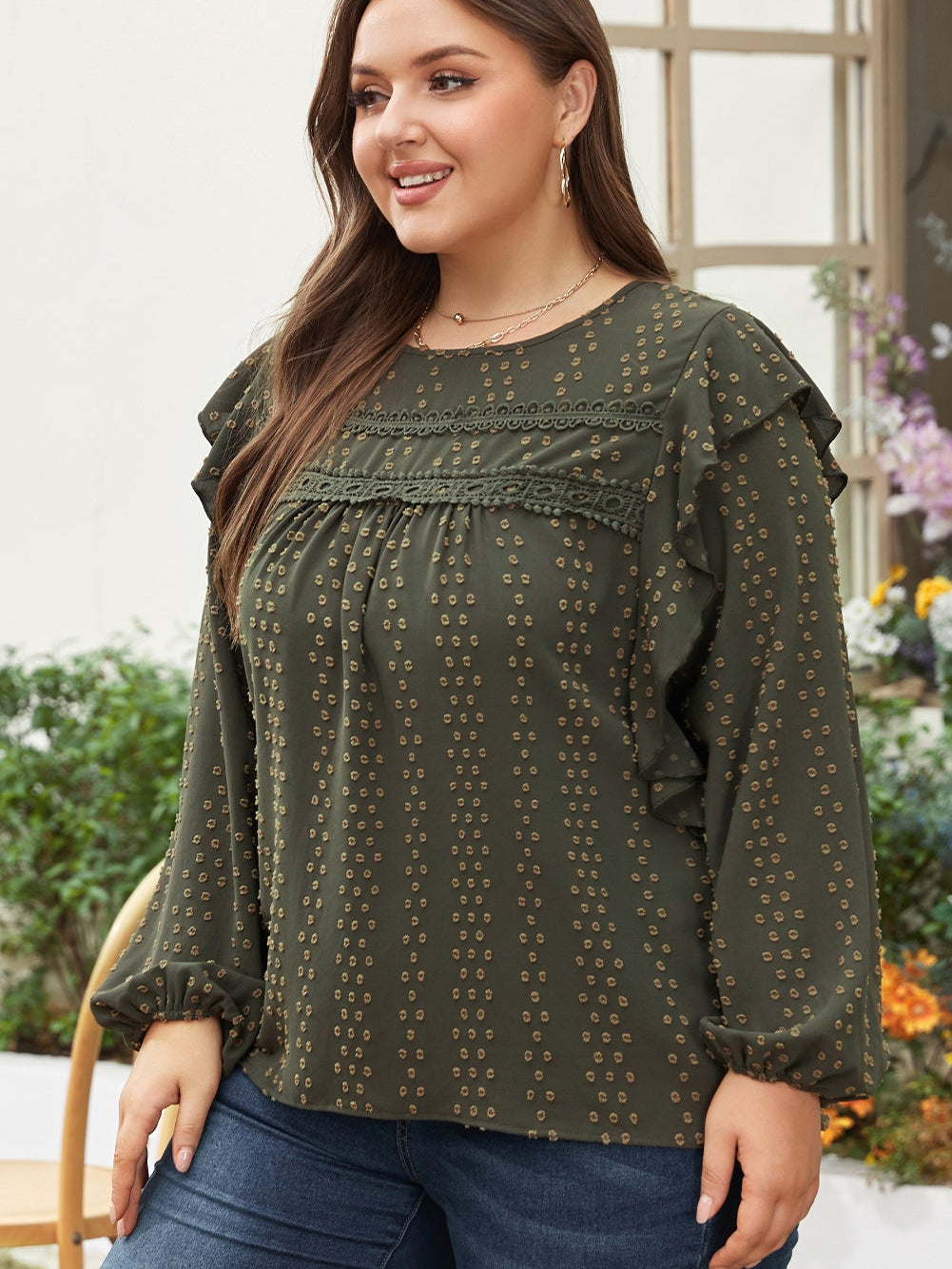 Elegant Mist Green Swiss Dot Lace Ruffle Sleeve Blouse