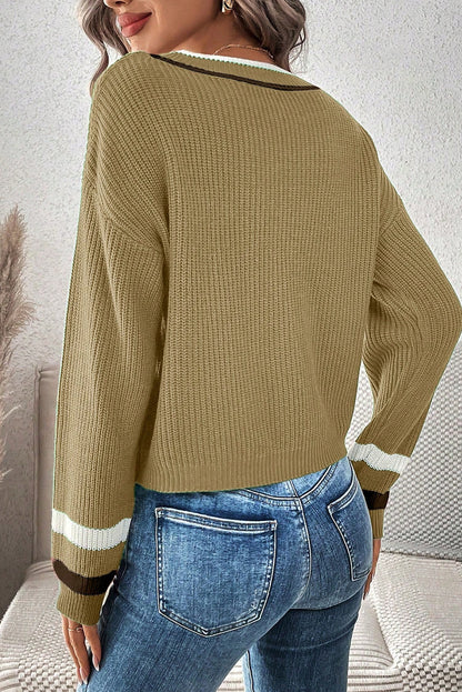 Khaki Contrast Striped Trim V Neck Drop Shoulder Sweater