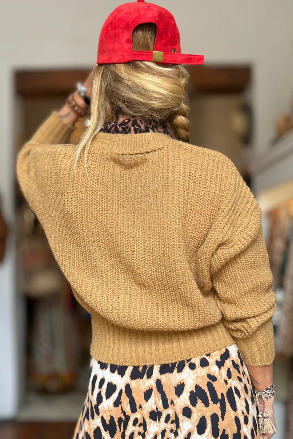 Jurassic Gold Button V Neck Fitted Hem Contrast Sweater Cardigan