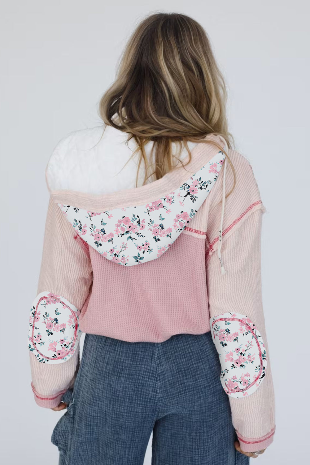 Light Pink Mixed Textured Colorblock Floral Patchwork Hooded Shacket