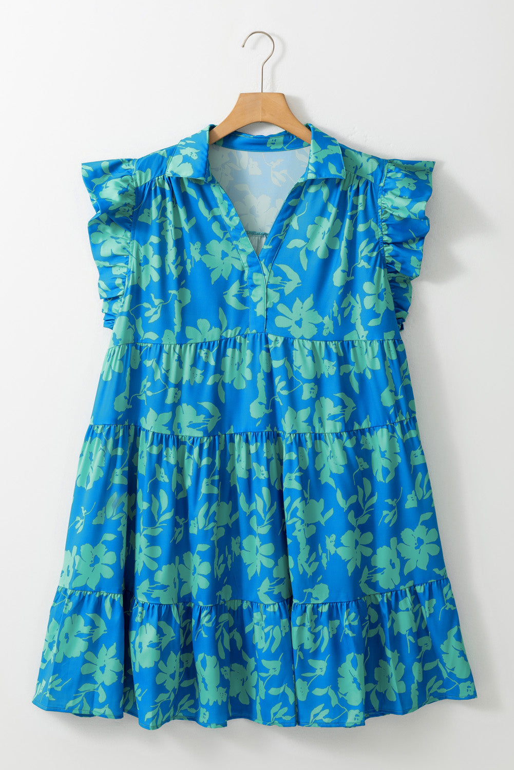Sky Blue Floral Print Plus Size Flutter Sleeve Mini Dress with Button Detail