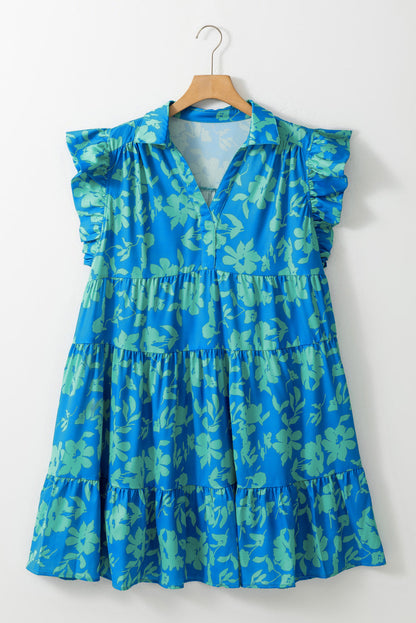 Sky Blue Floral Print Plus Size Flutter Sleeve Mini Dress with Button Detail