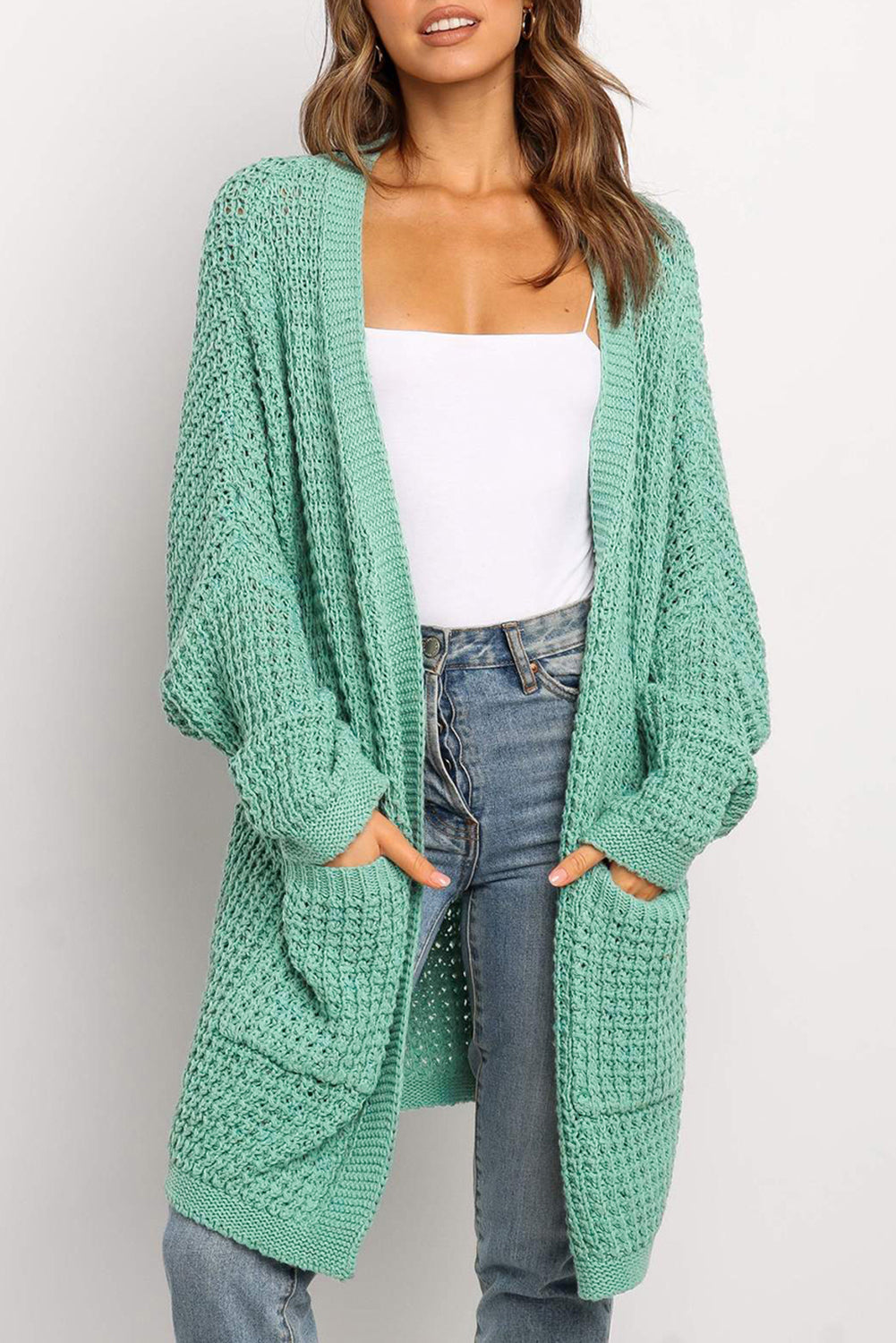 Green Long Line Open Front Knitted Cardigan with Pockets