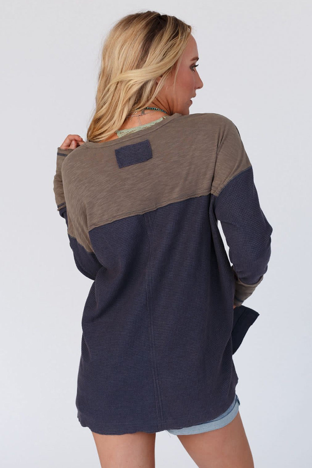 Dark Blue Contrast Trim Half Button Thermal Top