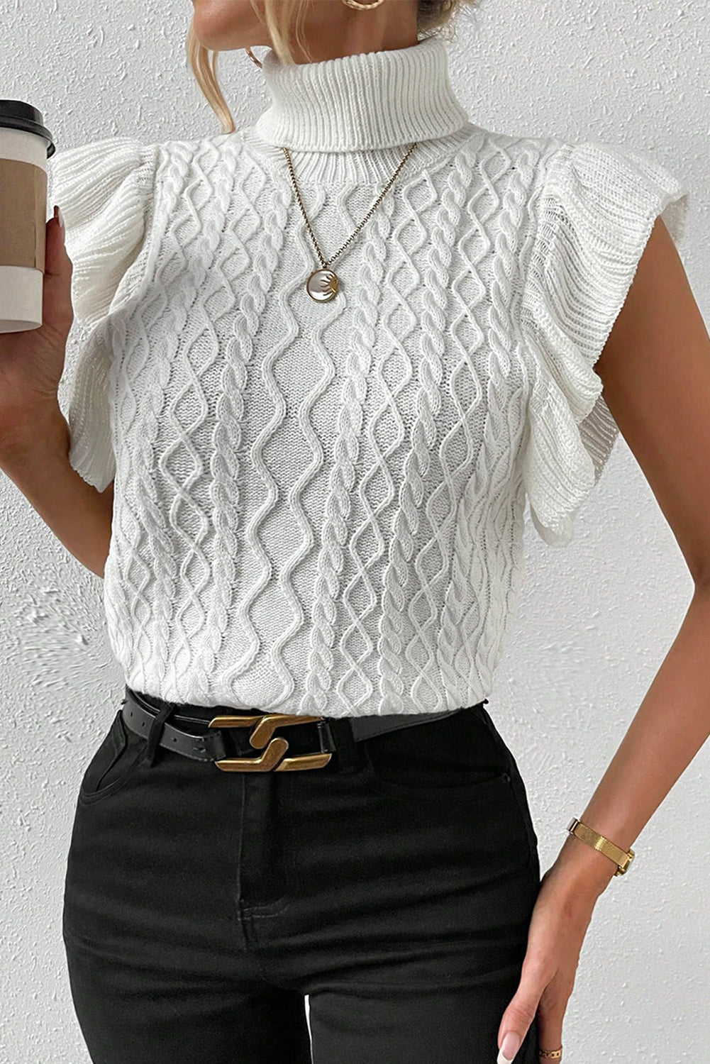 Elegant White Cable Knit Ruffle Sleeve Turtleneck Sweater