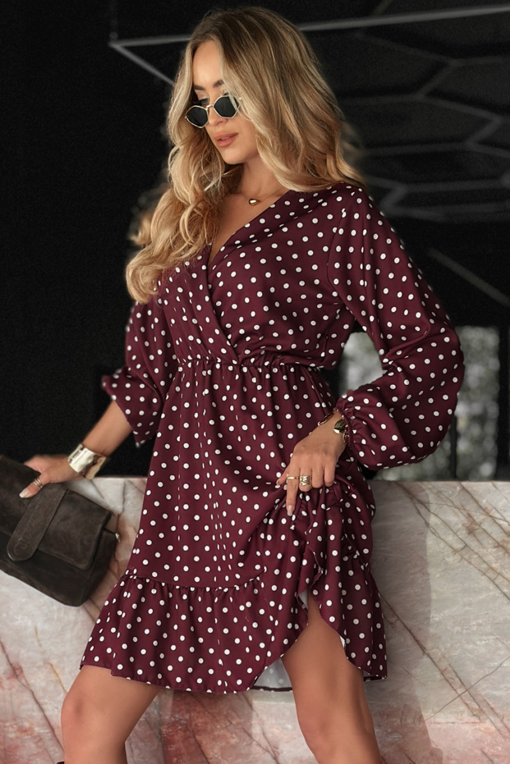Violet Polka Dot Long Sleeve Wrap V Neck Ruffle Hem Mini Dress