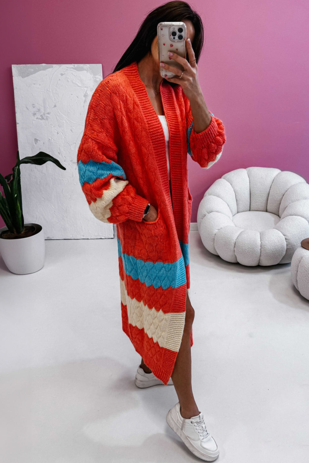 Orange Color Block Side Pockets Open Front Long Cardigan