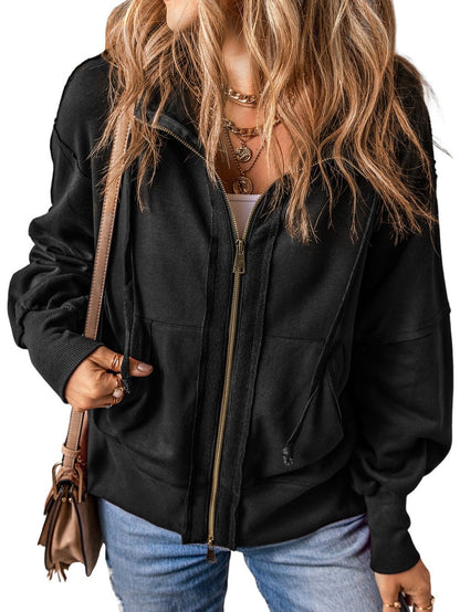 Black Exposed Seam Zip-Up Hooded Jacket