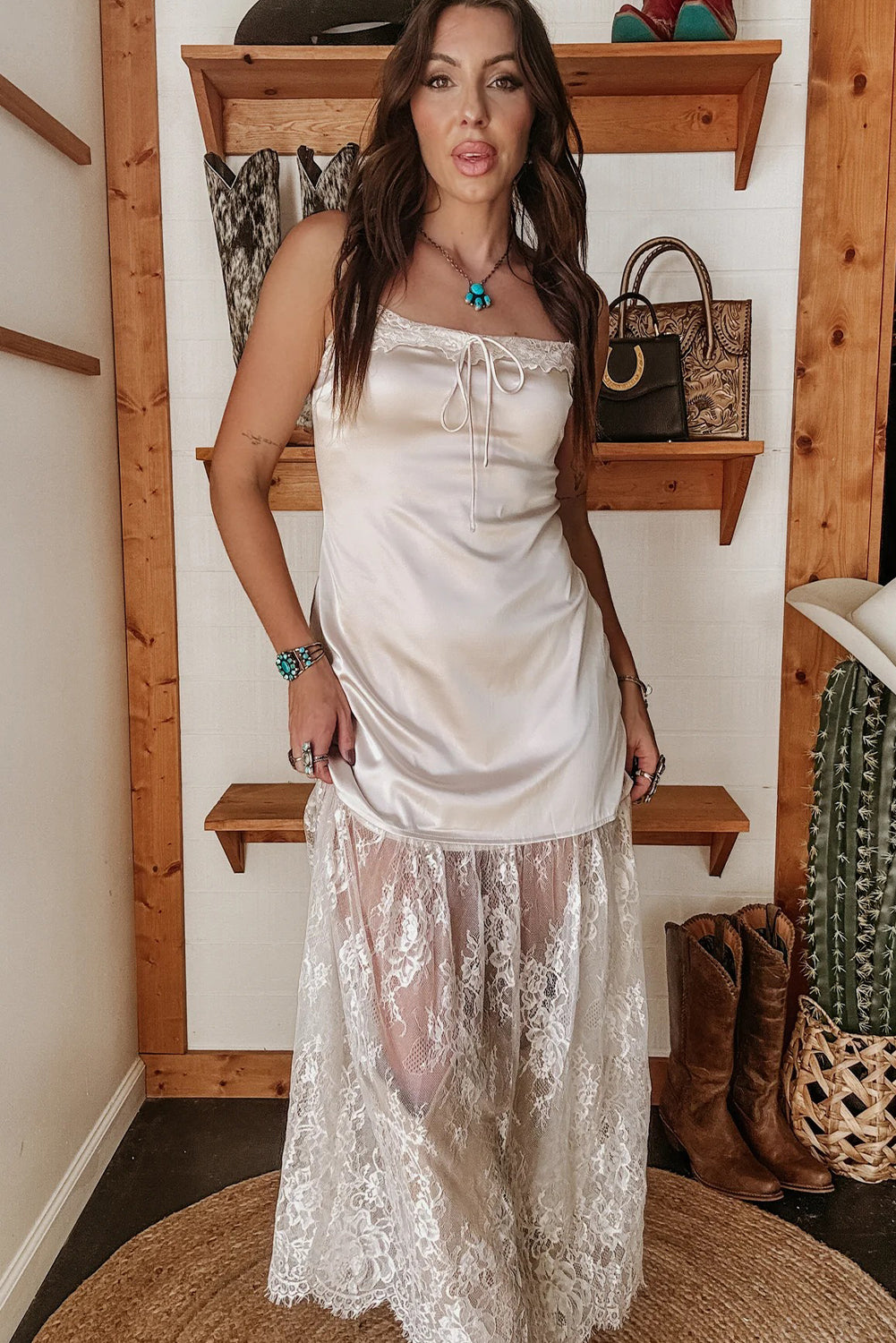 White Satin Lace Patchwork Spaghetti Straps Maxi Dress