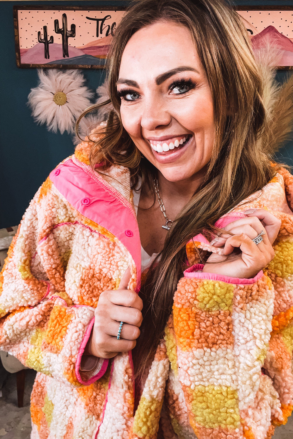 Orange Checkered Sherpa Contrast Trim Hooded Jacket