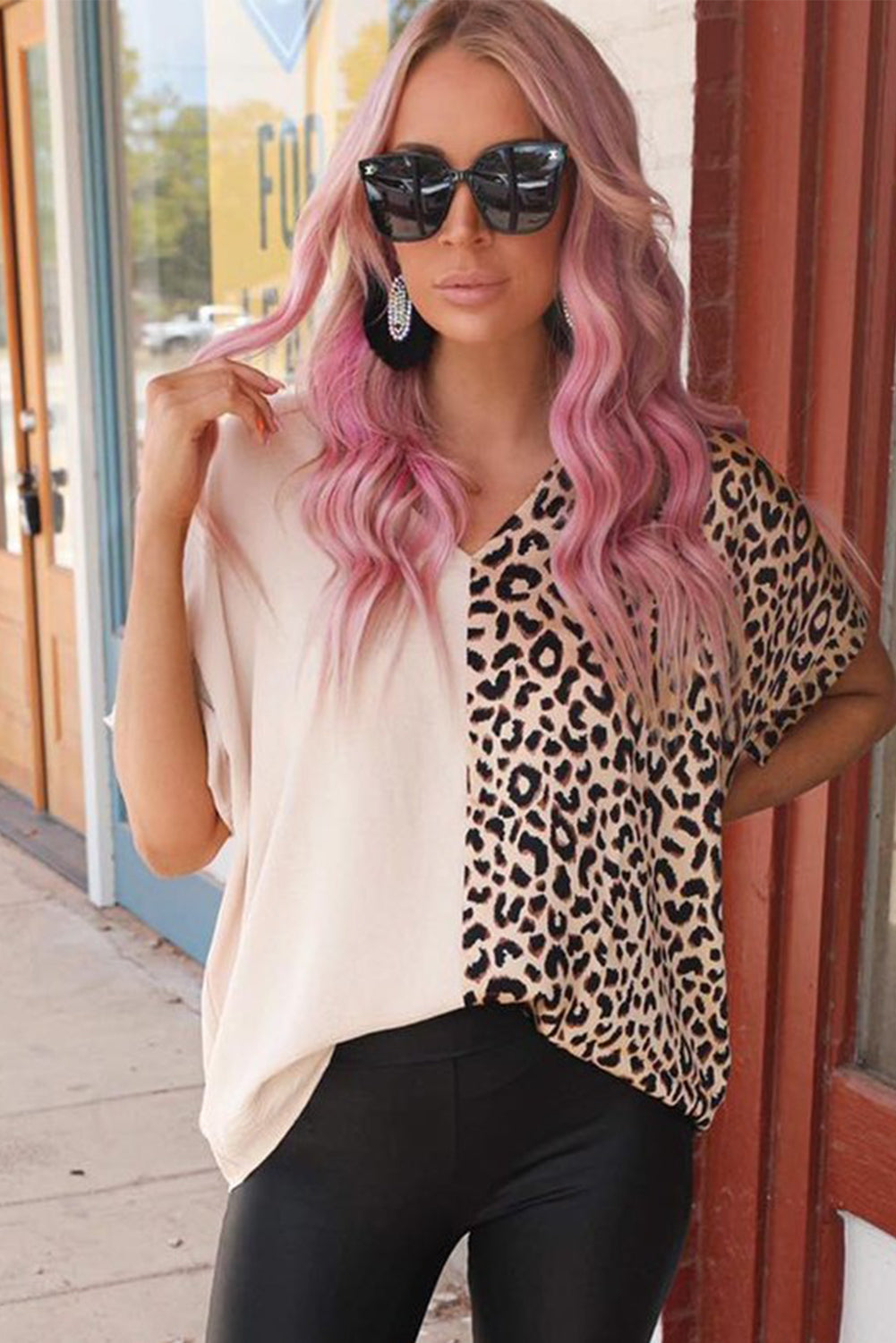 Leopard Stitching Button Long Sleeve Blouse
