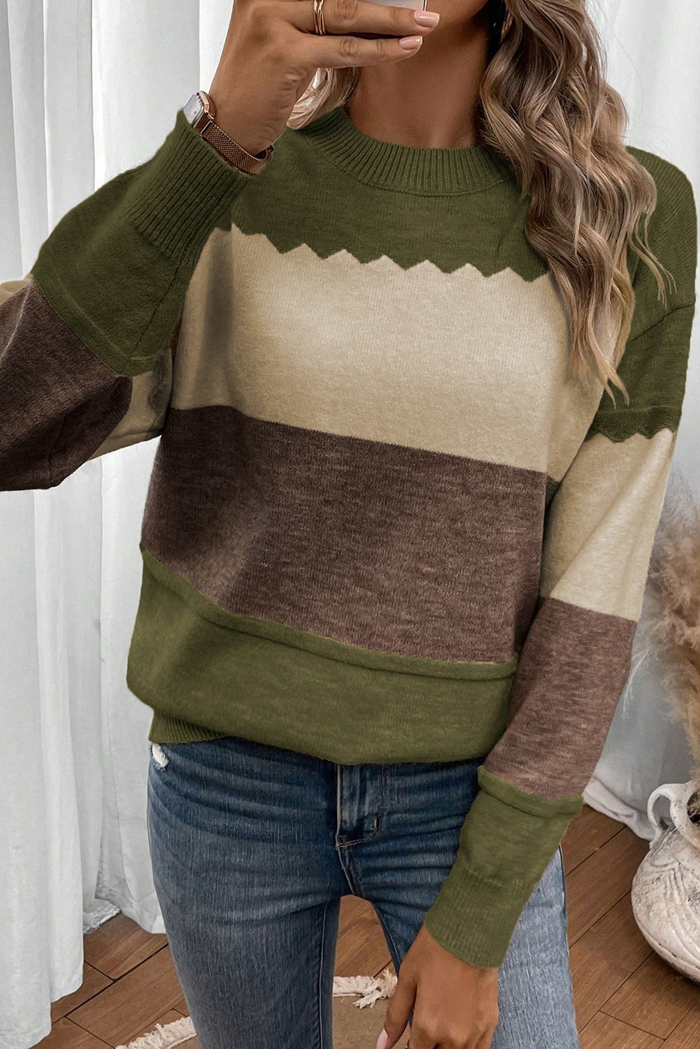 Brown Colorblock Crew Neck Drop Shoulder Sweater