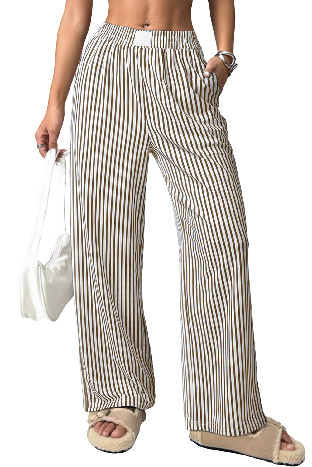 Brown Stripe Elastic High Waist Pocketed Loose Pants