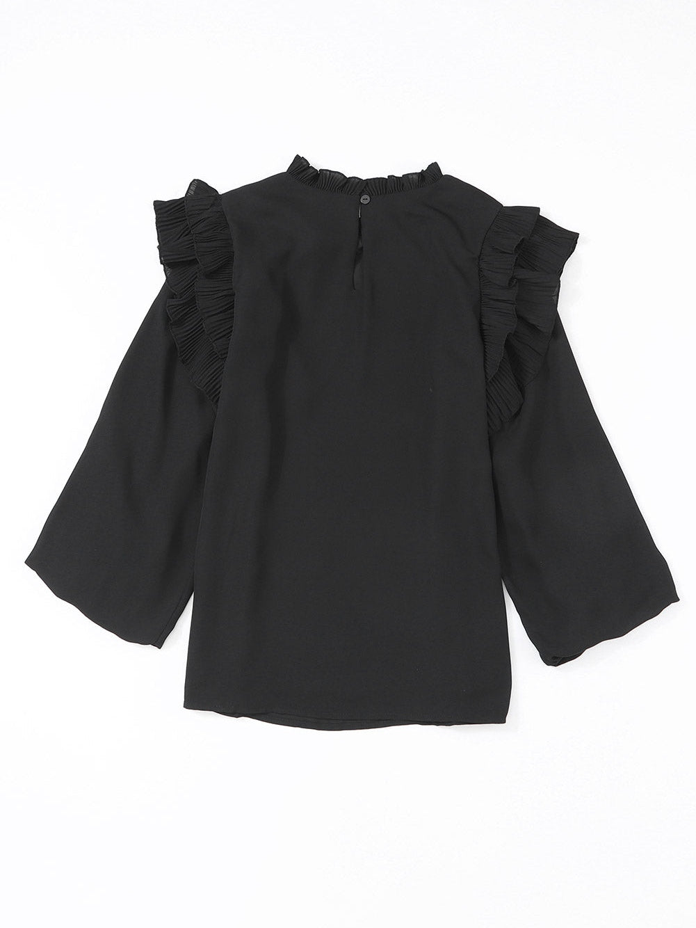 Elegant Black Ruffle Sleeve Keyhole Back Blouse
