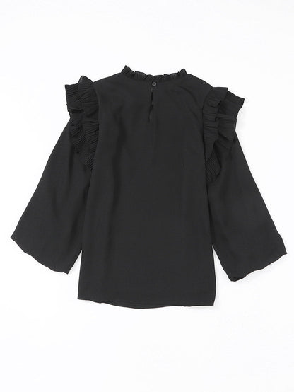 Elegant Black Ruffle Sleeve Keyhole Back Blouse