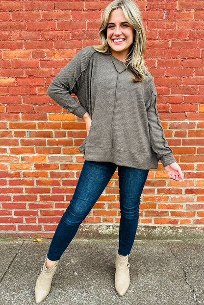 High Ribbed Knit Exposed Seam Detail Oversize Long Sleeve Top