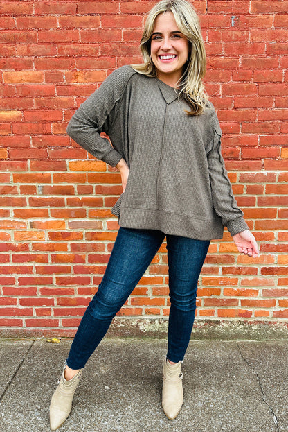 High Ribbed Knit Exposed Seam Detail Oversize Long Sleeve Top