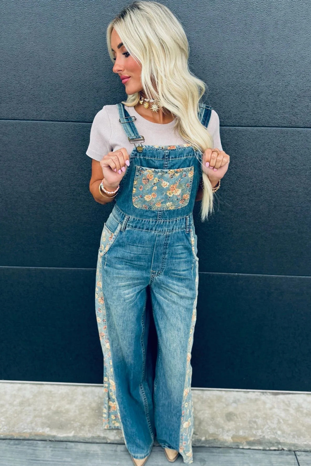 Peacock Blue Floral Patchwork Bib Denim Wide Leg Overalls