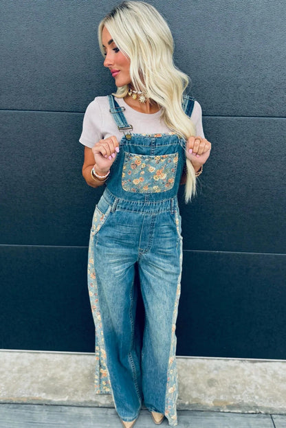 Peacock Blue Floral Patchwork Bib Denim Wide Leg Overalls