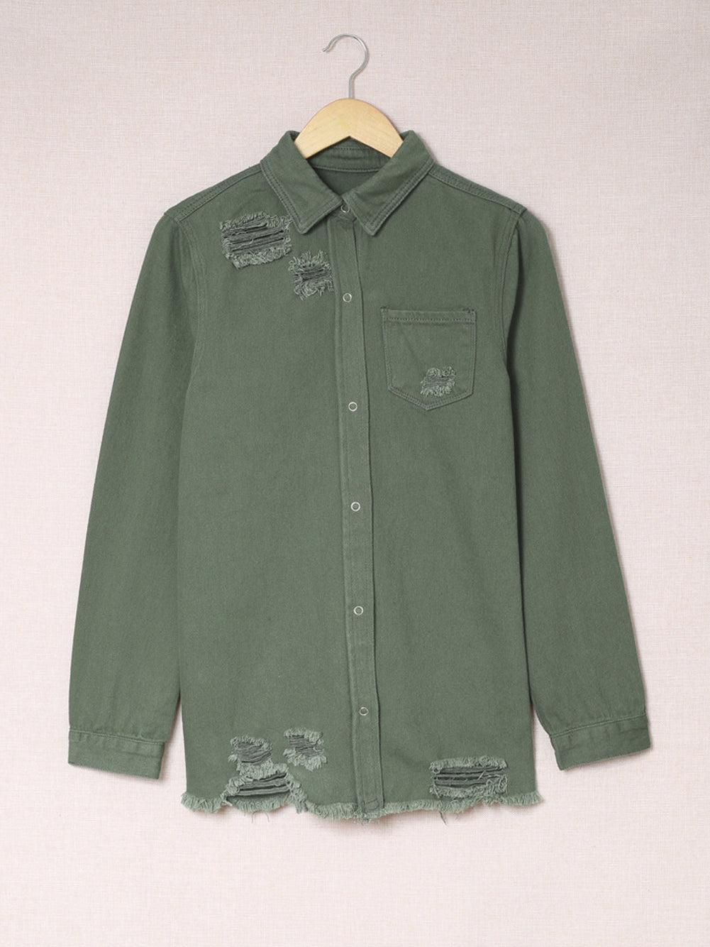 Green Distressed Cotton Shacket