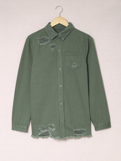 Green Distressed Cotton Shacket