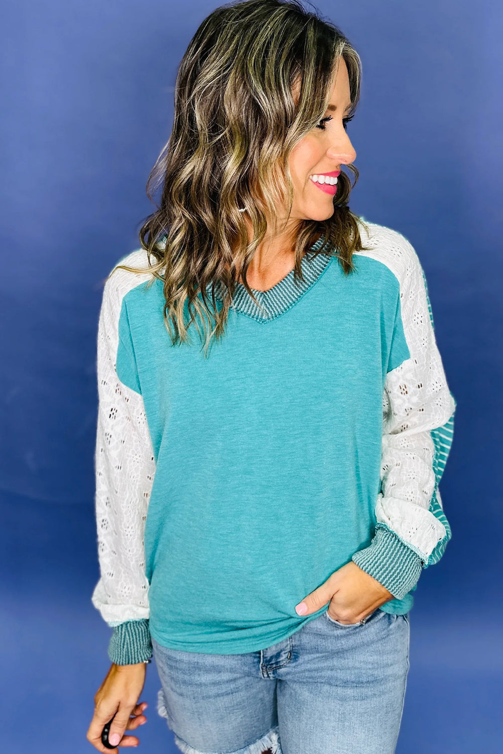Turquoise Ribbed V Neck Lace Striped Long Sleeve Patchwork Loose Top