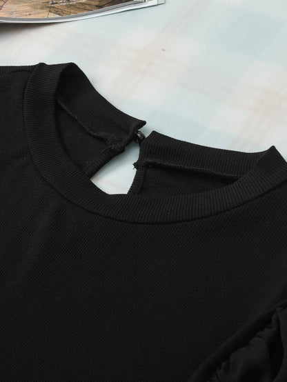 Elegant Black Mesh Puff Sleeve Ribbed Top