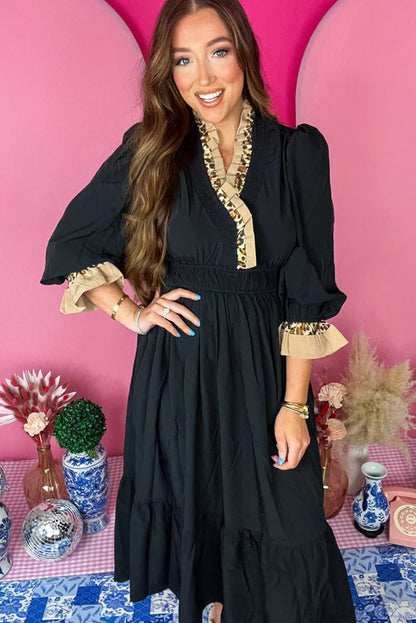 Black Contrast Frilled Trim V Neck 3/4 Ruffled Sleeve Flowy Midi Dress