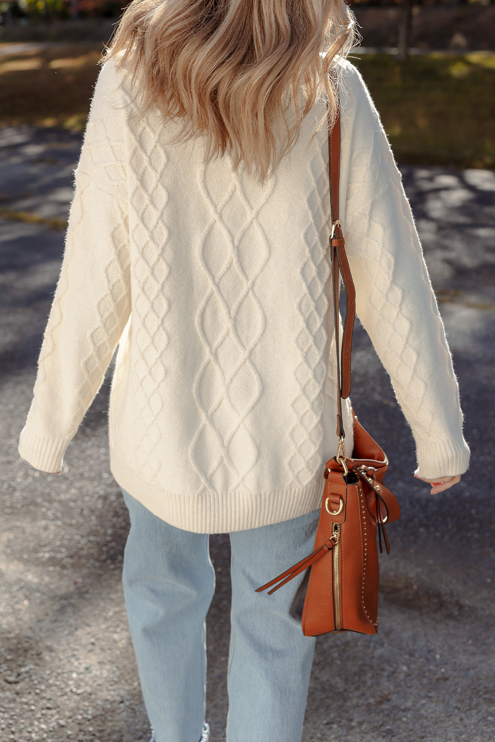 Beige Drop Shoulder Cable Knit Tunic Sweater