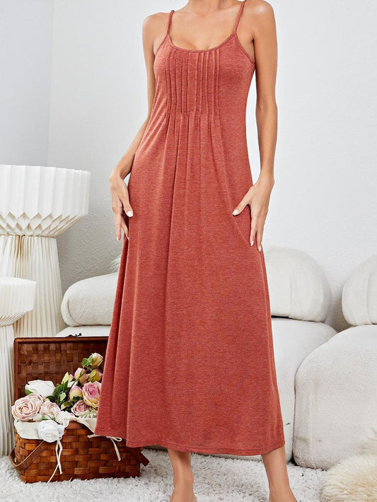 Crimson Clay Pleated Spaghetti Strap Relaxed Lounge Maxi Dress