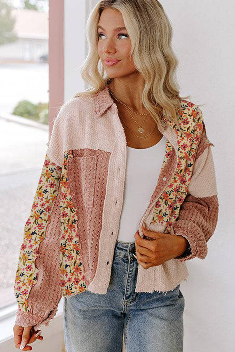 Delicacy Textured Floral Colorblock Patchwork Button Up Distressed Jacket