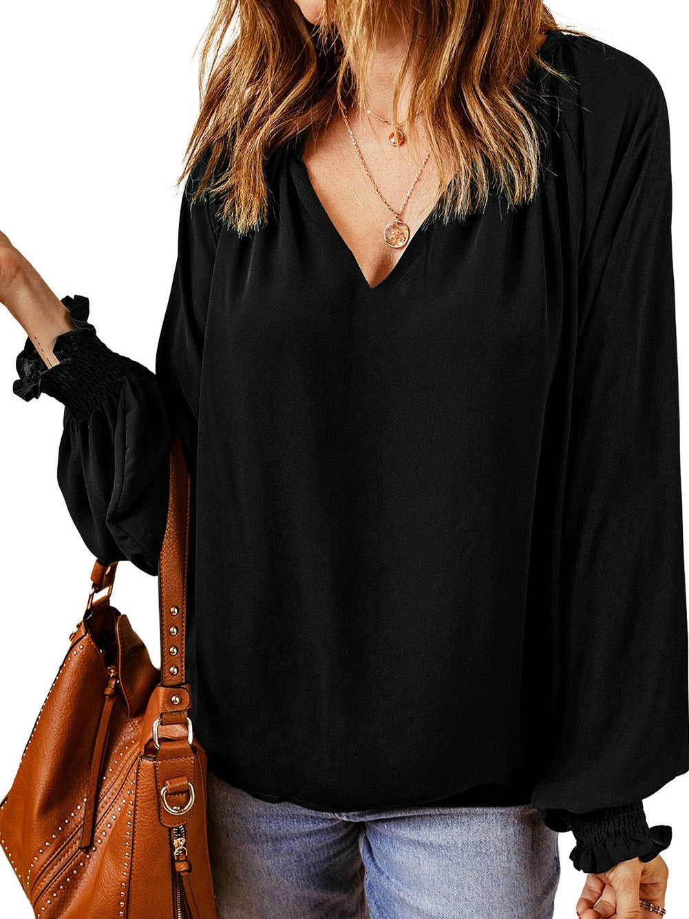 Elegant Black V-Neck Puff Sleeve Pleated Top