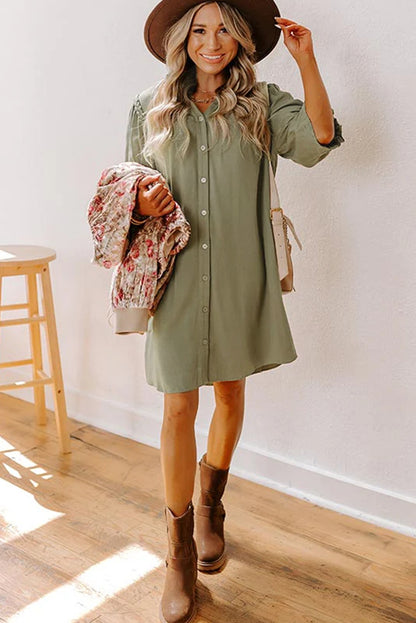 Four Leaf Clover Solid Color 3/4 Sleeve Braided Detail Button Down Mini Shirt Dress