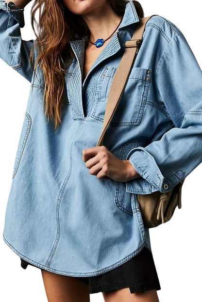 Dusk Blue Oversized Exposed Stitching Patchwork Notched Collared Pullover Denim Pullover Top