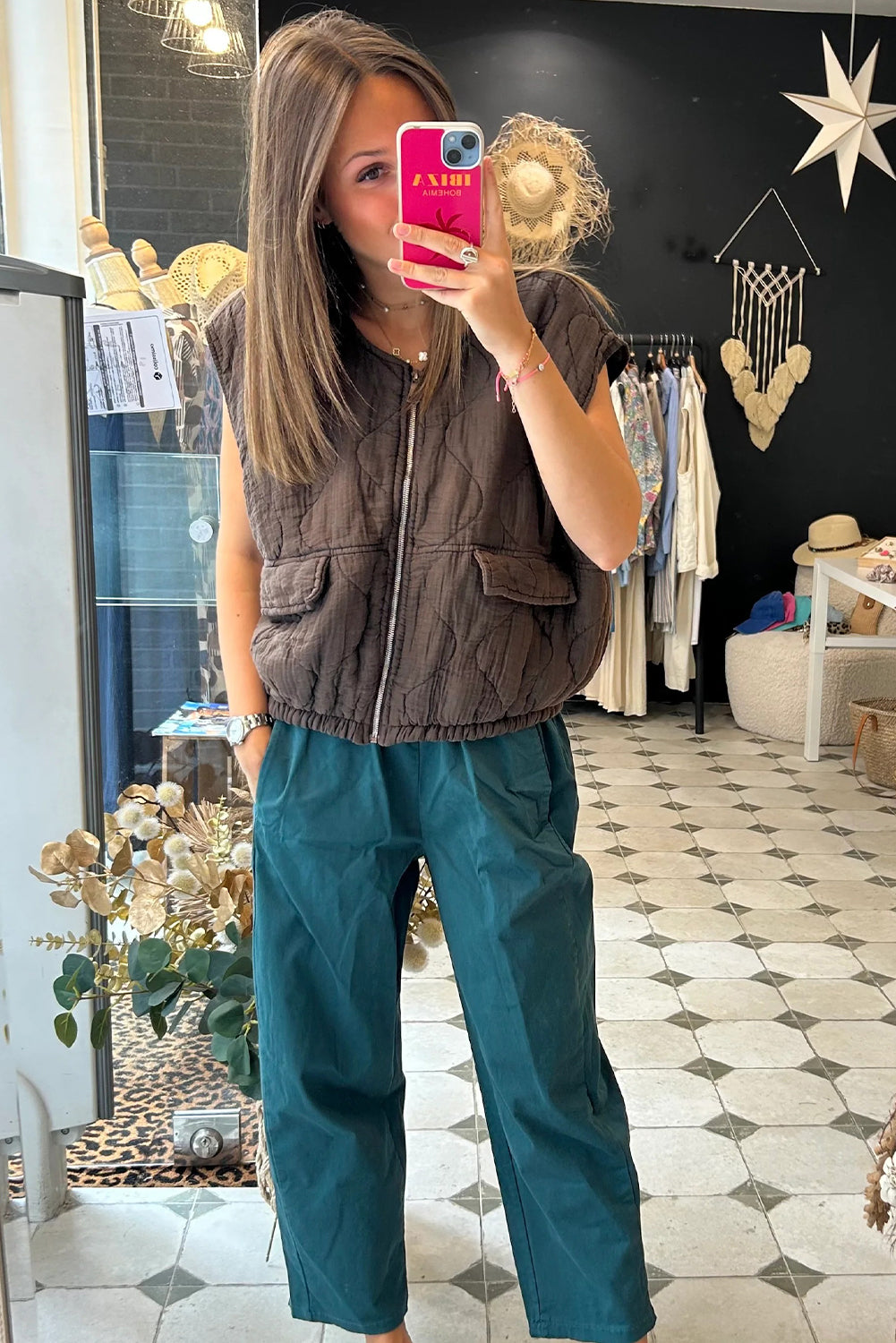 Chicory Coffee Playful Quilted Zip Up Elastic Hem Vest