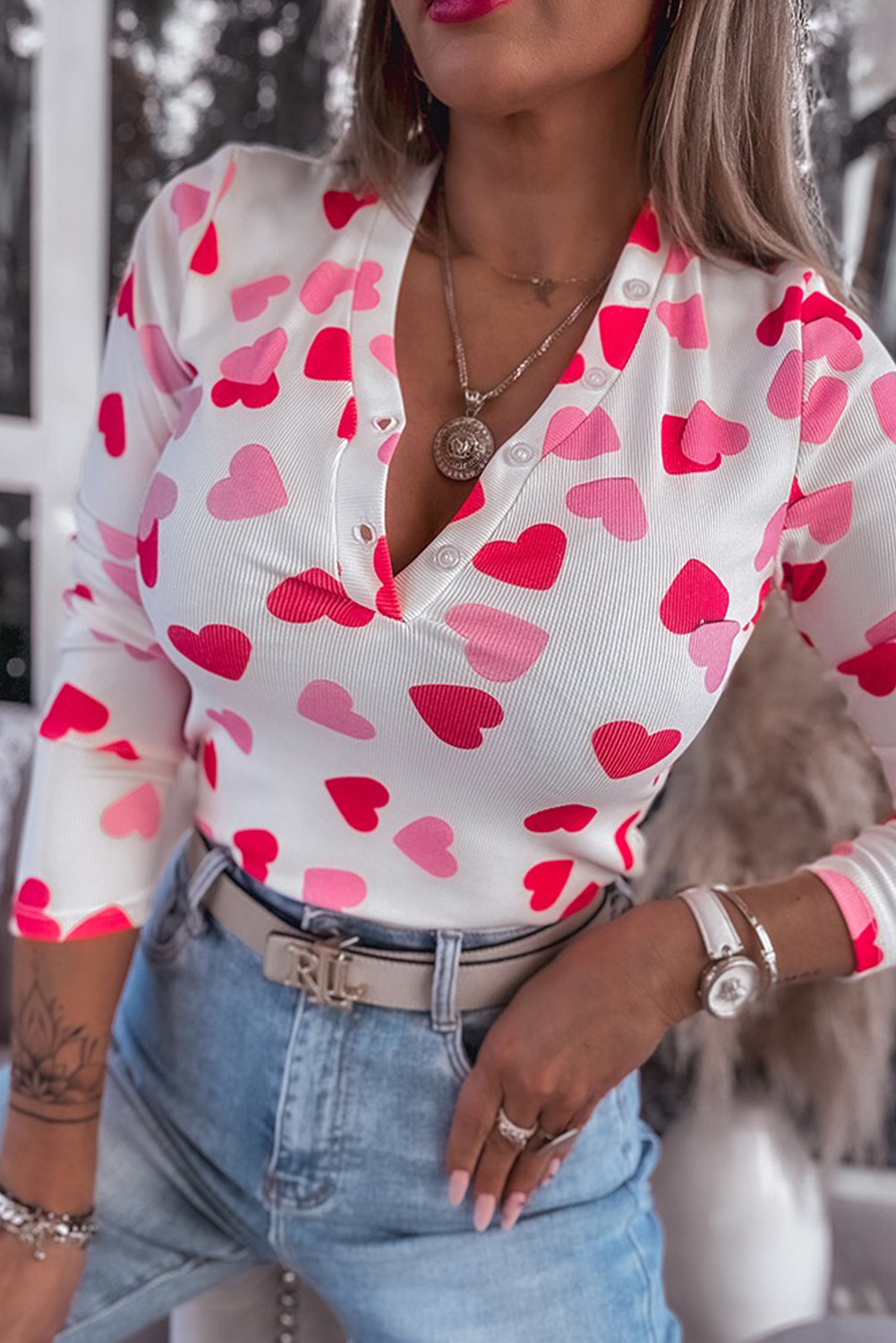 Pink Valentine Heart Print Buttoned Neckline Textured Fitted Long Sleeve Top
