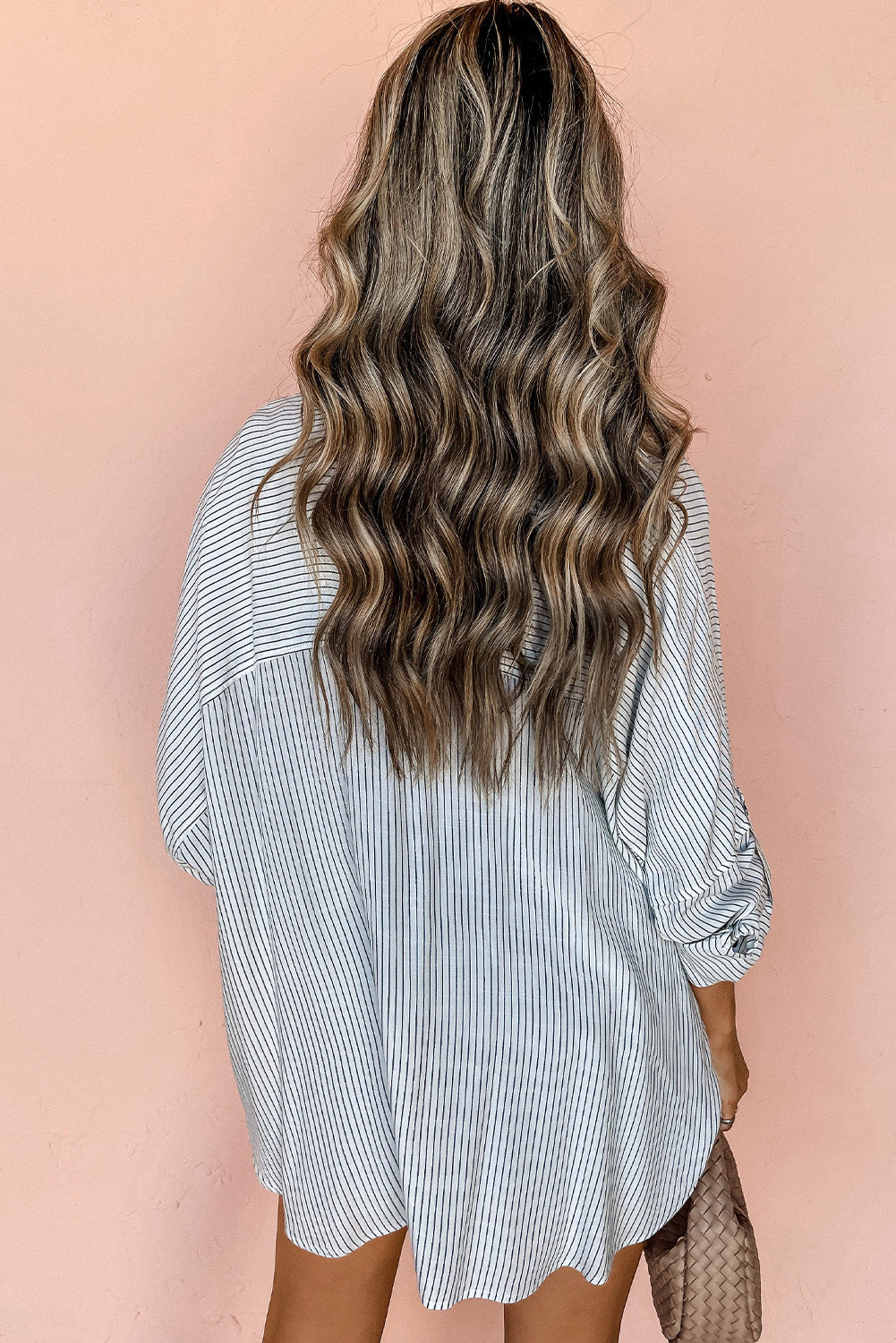 DEAR-LOVER Stripe Roll-tab Sleeve Pocketed Long Shirt