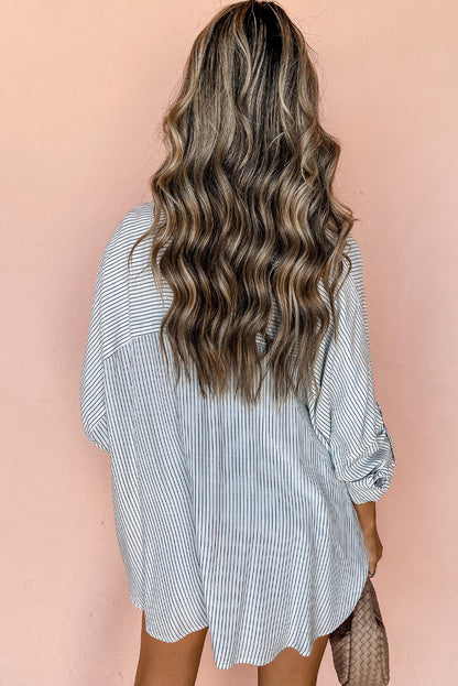 DEAR-LOVER Stripe Roll-tab Sleeve Pocketed Long Shirt