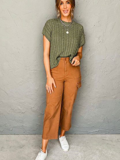 Green Jungle Cable Knit Short Sleeve Sweater with Crew Neck