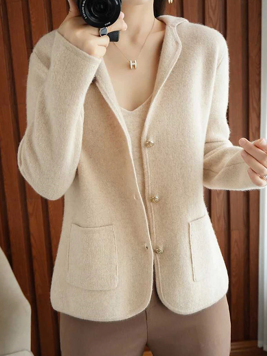 Women's Cardigan Shirt Collar Ribbed Knit Polyester Button Pocket Knitted Fall Winter Short Outdoor Daily Going out Stylish Casual Soft Long Sleeve Solid Color Purple Beige S M L