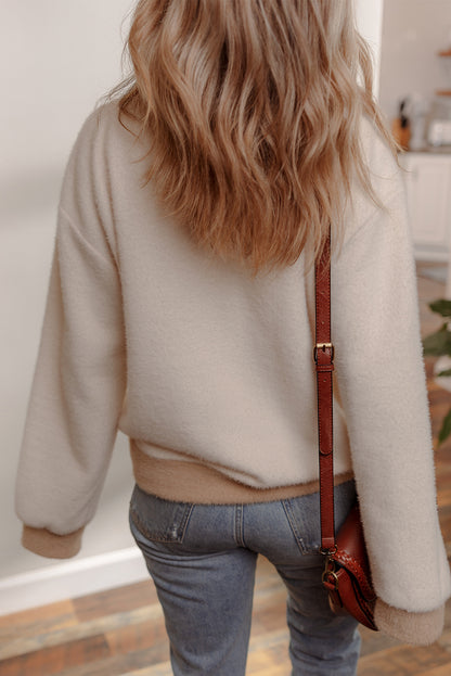 White Plush Soft Contrast Trim Colorblock Round Neck Sweatshirt
