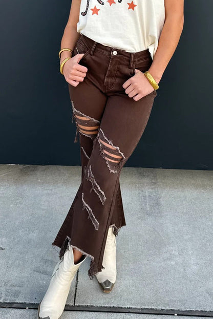 Coffee Asymmetric Distressed Raw Hem Cowgirl Jeans