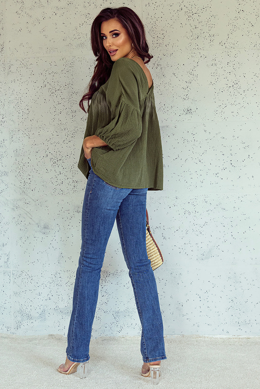 Green Textured V Neck Bracelet Sleeve Babydoll Blouse with Puff Sleeves