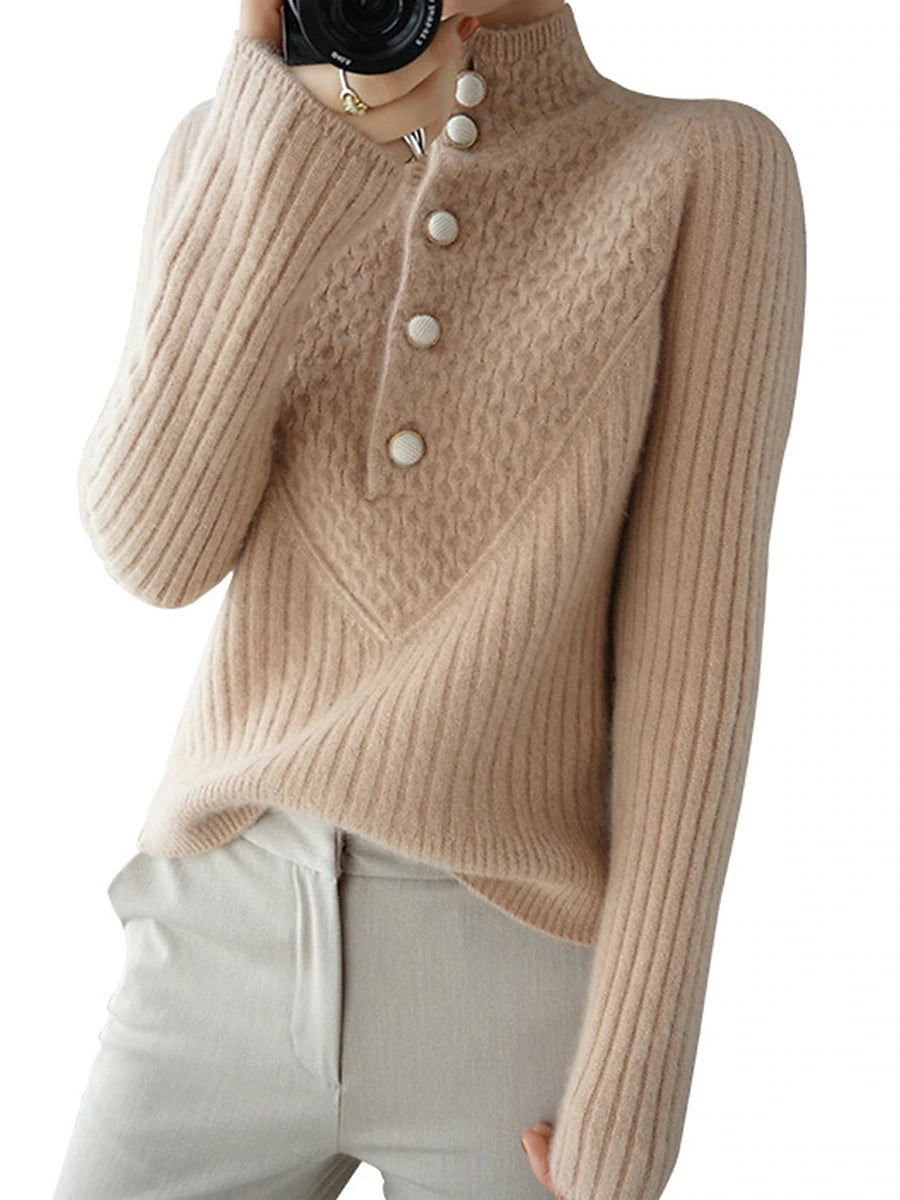 Women's Cardigan Stand Collar Ribbed Knit Polyester Button Knitted Fall Winter Regular Outdoor Daily Going out Stylish Casual Soft Long Sleeve Solid Color White Khaki S M L