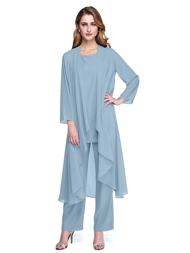 Jumpsuit / Pantsuit Mother of the Bride Dress Plus Size Elegant Bateau Neck Floor Length Chiffon Sleeveless yes with Solid Color 2023 - LuckyFash™