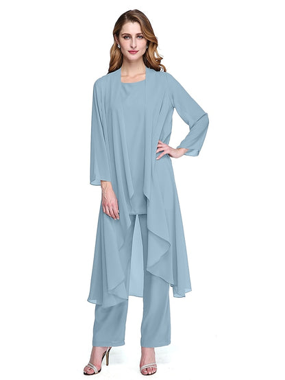 Jumpsuit / Pantsuit Mother of the Bride Dress Plus Size Elegant Bateau Neck Floor Length Chiffon Sleeveless yes with Solid Color 2023 - LuckyFash™
